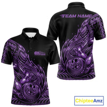 Load image into Gallery viewer, Front and back views of a black and purple mens bowling polo shirt featuring bowling ball and pin artwork with flowing tribal flames.