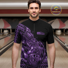 Load image into Gallery viewer, Male model wearing a black and purple bowling quarter-zip shirt at the bowling lane with tribal flame bowling graphics.