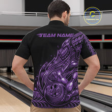 Load image into Gallery viewer, Front view of a male model in a black and purple bowling quarter-zip shirt showcasing Polynesian-inspired bowling artwork.