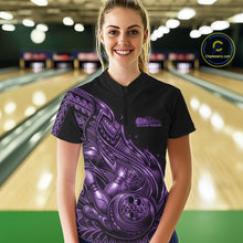 Load image into Gallery viewer, Female model wearing a black and purple bowling quarter-zip shirt at the bowling lane with tribal flame bowling accents.