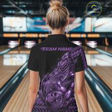 Load image into Gallery viewer, Back view of a female model in a black and purple bowling quarter-zip shirt showcasing Polynesian-inspired bowling graphics.