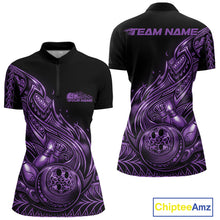 Load image into Gallery viewer, Front and back views of a black and purple womens bowling quarter-zip shirt featuring bowling artwork with flowing Polynesian tribal flames.