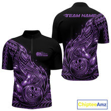 Load image into Gallery viewer, Front and back views of a black and purple mens bowling quarter-zip shirt featuring bowling ball and pin artwork with flowing Polynesian tribal flames.
