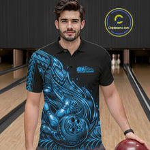 Load image into Gallery viewer, Male model wearing a black and blue bowling polo shirt at the lane with Polynesian-inspired flame bowling graphics.