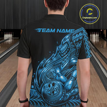 Load image into Gallery viewer, Back view of a male model in a black and blue bowling polo shirt displaying tribal flame artwork and bowling motifs.