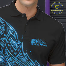 Load image into Gallery viewer, Close-up left chest detail of a black and blue bowling polo shirt featuring flowing tribal flame accents and bowling graphics.