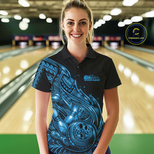 Load image into Gallery viewer, Female model wearing a black and blue bowling polo shirt at the lane with tribal flame bowling graphics.