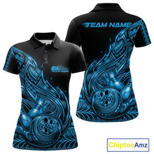 Load image into Gallery viewer, Front and back views of a black and blue womens bowling polo shirt with bowling pins and a ball surrounded by flowing tribal flames.