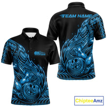 Load image into Gallery viewer, Front and back views of a black and blue mens bowling polo shirt showcasing bowling pins and a ball with flowing tribal flame details.