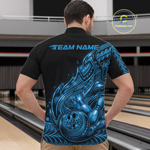 Load image into Gallery viewer, Front view of a male model in a black and blue bowling quarter-zip shirt featuring tribal flame bowling graphics.