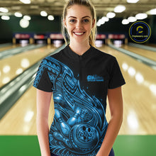 Load image into Gallery viewer, Female model wearing a black and blue bowling quarter-zip shirt at the lane with Polynesian-inspired flame bowling graphics.