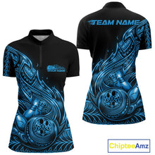 Load image into Gallery viewer, Front and back views of a black and blue womens bowling quarter-zip shirt with bowling pins and ball surrounded by flowing tribal flames.