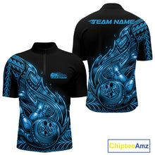 Load image into Gallery viewer, Front and back views of a black and blue mens bowling quarter-zip shirt with bowling pins and a ball framed by flowing tribal flames.