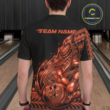 Load image into Gallery viewer, Back view of a male model in a black and orange bowling polo shirt showcasing flowing tribal flame motifs around bowling graphics.