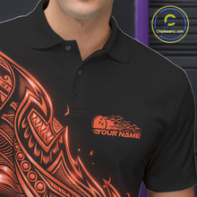 Load image into Gallery viewer, Left chest close-up of a black and orange bowling polo shirt featuring Polynesian-style bowling artwork with flame accents.