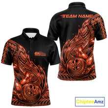 Load image into Gallery viewer, Front and back views of a black and orange mens bowling polo shirt featuring bowling ball and pin graphics with flowing tribal flames in a Polynesian style.