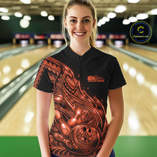 Load image into Gallery viewer, Female model wearing a black and orange bowling quarter-zip shirt at the bowling lane with Polynesian-style tribal flame graphics.