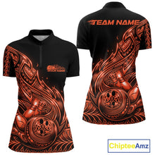 Load image into Gallery viewer, Front and back views of a black and orange womens bowling quarter-zip shirt featuring bowling ball and pin artwork with flowing tribal flame accents.
