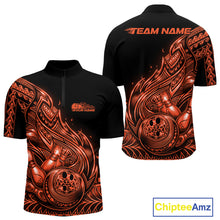 Load image into Gallery viewer, Front and back views of a black and orange mens bowling quarter-zip shirt featuring bowling ball and pins with flowing tribal flame artwork.