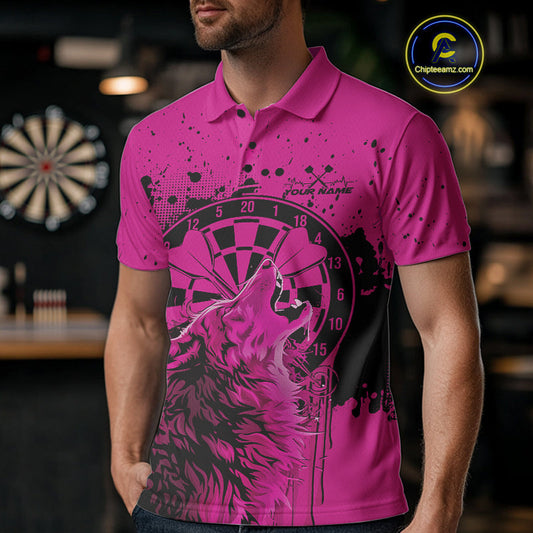 Custom Grunge Splatter Pink Wolf Dart Men Polo Shirt, Wolf Dart Team Jerseys IPHW10016