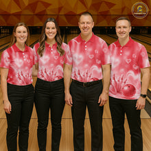 Load image into Gallery viewer, Custom Red Valentine Bowling Couple Shirts, Red Heart Theme Bowling Jerseys With His Name And Her Name IPHW10473