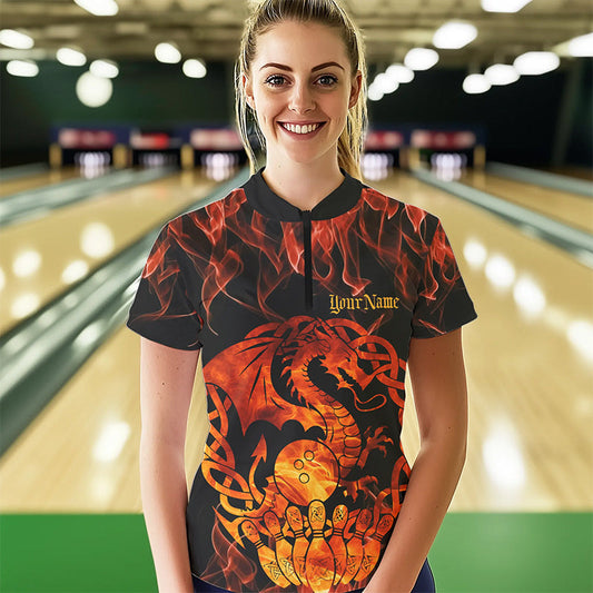Custom Fire Flame Viking Dragon Bowling Womens Quarter-Zip Team Shirt, Celtic Bowling Shirt IPHW8587
