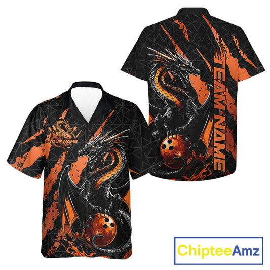 Custom Black And Orange Dragon Bowling Men And Women Hawaiian Shirts, Team Bowling Jerseys IPHW10748