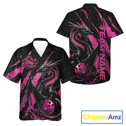 Custom Black And Pink Dragon Bowling Men And Women Hawaiian Shirts, Team Bowling Jerseys IPHW10749