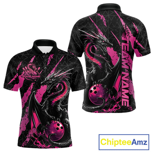 Custom Black And Pink Dragon Bowling Men Polo Shirts, Team Bowling Jerseys IPHW10749