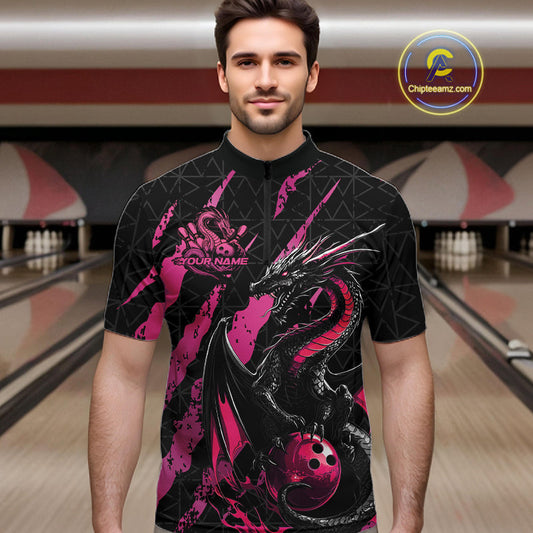 Custom Black And Pink Dragon Bowling Men Quarter-Zip Shirts, Team Bowling Jerseys IPHW10749