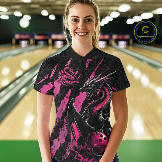 Custom Black And Pink Dragon Bowling Women Quarter-Zip Shirts, Team Bowling Jerseys IPHW10749