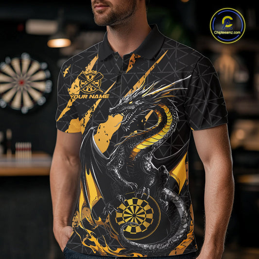 Custom Black And Gold Dragon Dart Men Polo Shirts, Team Dart Jerseys IPHW10751