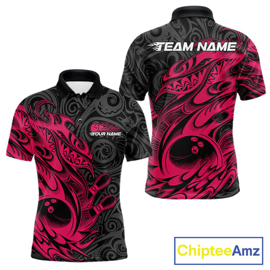 Custom Black And Pink Tribal Polynesian Bowling Team Men Shirts, Niho Mano Bowling Shirt IPHW10755