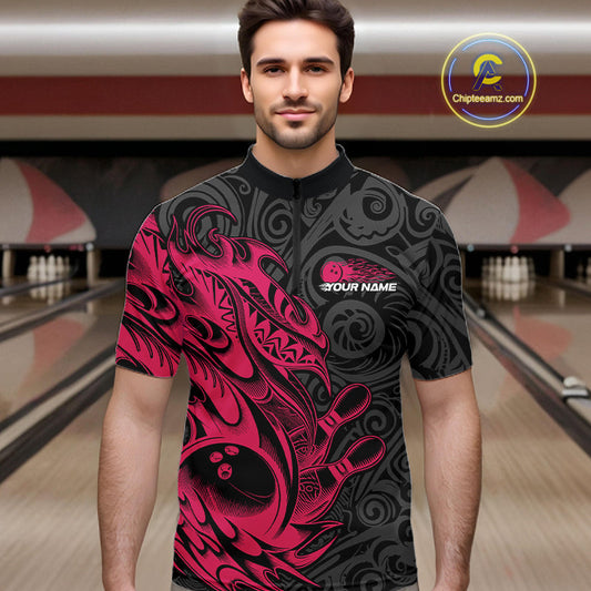 Custom Black And Pink Tribal Polynesian Bowling Team Men Shirts, Niho Mano Bowling Shirt IPHW10755