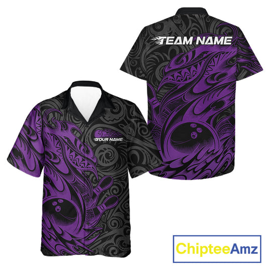 Custom Black And Purple Tribal Polynesian Bowling Team Men And Women Shirts, Niho Mano Bowling Shirt IPHW10756