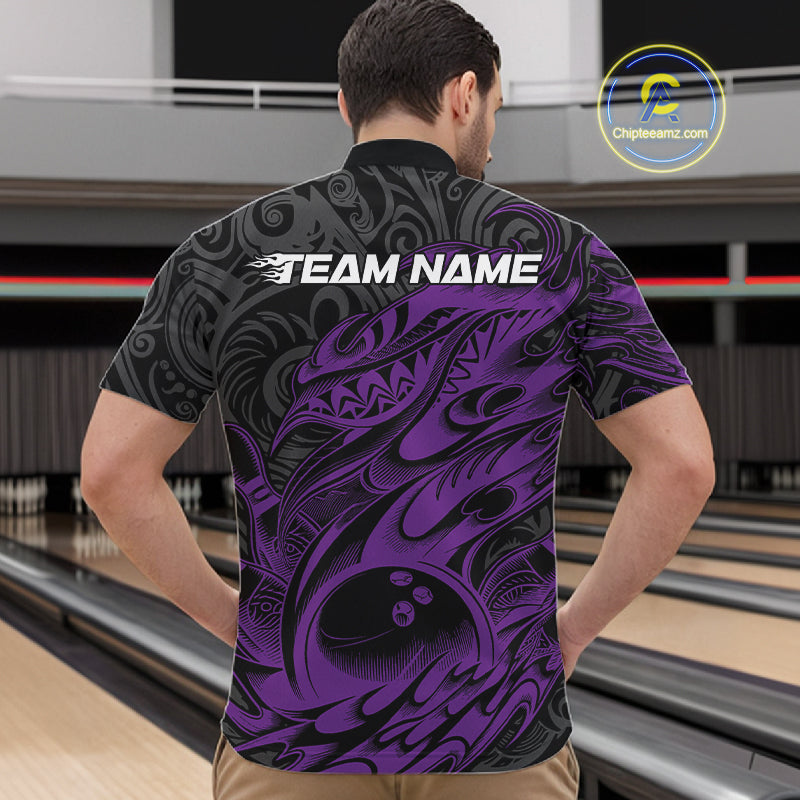 Custom Black And Purple Tribal Polynesian Bowling Team Men Shirts, Niho Mano Bowling Shirt IPHW10756