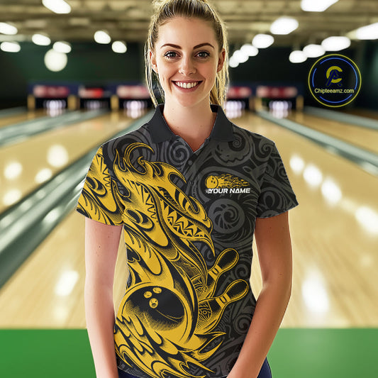 Custom Black And Yellow Tribal Polynesian Bowling Team Women Shirts, Niho Mano Bowling Shirt IPHW10758
