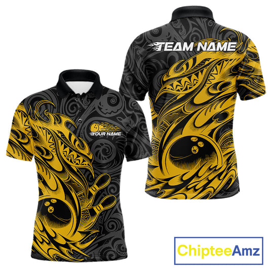 Custom Black And Yellow Tribal Polynesian Bowling Team Men Shirts, Niho Mano Bowling Shirt IPHW10758