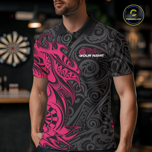 Custom Black And Pink Tribal Polynesian Dart Team Men Shirts, Niho Mano Dart Shirt IPHW10761