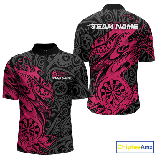 Custom Black And Pink Tribal Polynesian Dart Team Men Shirts, Niho Mano Dart Shirt IPHW10761