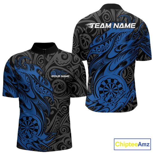 Custom Black And Blue Tribal Polynesian Dart Team Men Shirts, Niho Mano Dart Shirt IPHW10762