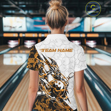 Load image into Gallery viewer, Back view of a female model in a white bowling quarter-zip shirt displaying orange camo accents and bowling pin artwork.