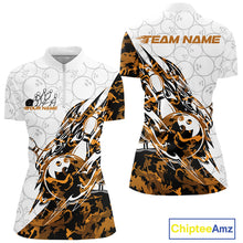 Load image into Gallery viewer, Front and back views of a white womens bowling quarter-zip shirt featuring bowling-themed artwork with sharp orange camo streaks.