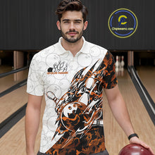 Load image into Gallery viewer, Male model wearing a white bowling polo shirt at the lane with yellow camo bowling graphics and faint bowling ball details.