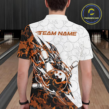 Load image into Gallery viewer, Back view of a male model in a white bowling polo shirt displaying yellow camo streak bowling artwork.