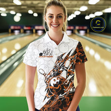 Load image into Gallery viewer, Female model wearing a white bowling polo shirt at the bowling lane with yellow camo bowling graphics and faint bowling ball patterns.