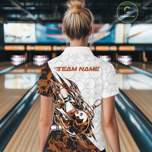 Load image into Gallery viewer, Back view of a female model in a white bowling polo shirt displaying yellow camo streak artwork and bowling details.