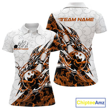 Load image into Gallery viewer, Front and back views of a white womens bowling polo shirt featuring bowling pins and a ball with sharp yellow camo streaks.