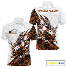 Load image into Gallery viewer, Front and back views of a white mens bowling polo shirt featuring bowling pins and a ball highlighted by sharp yellow camo streaks.