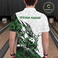 Load image into Gallery viewer, Back view of a male model in a white bowling polo shirt showcasing green camo streak accents and bowling graphics.